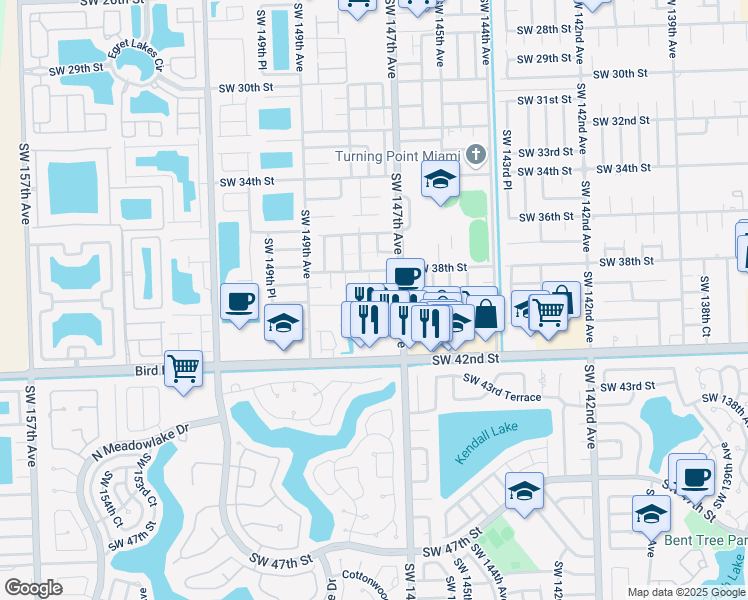 map of restaurants, bars, coffee shops, grocery stores, and more near 14769 Southwest 39th Terrace in Miami