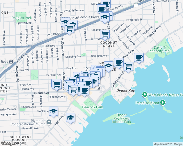 map of restaurants, bars, coffee shops, grocery stores, and more near 3229 Virginia Street in Miami