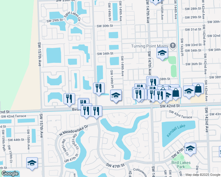 map of restaurants, bars, coffee shops, grocery stores, and more near 3854 Southwest 149th Place in Miami
