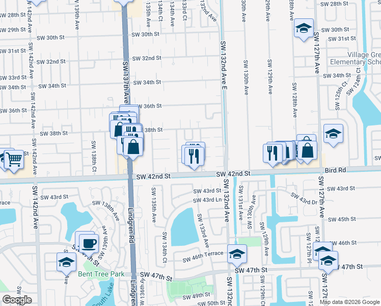 map of restaurants, bars, coffee shops, grocery stores, and more near 3988 Southwest 133rd Road Court in Miami