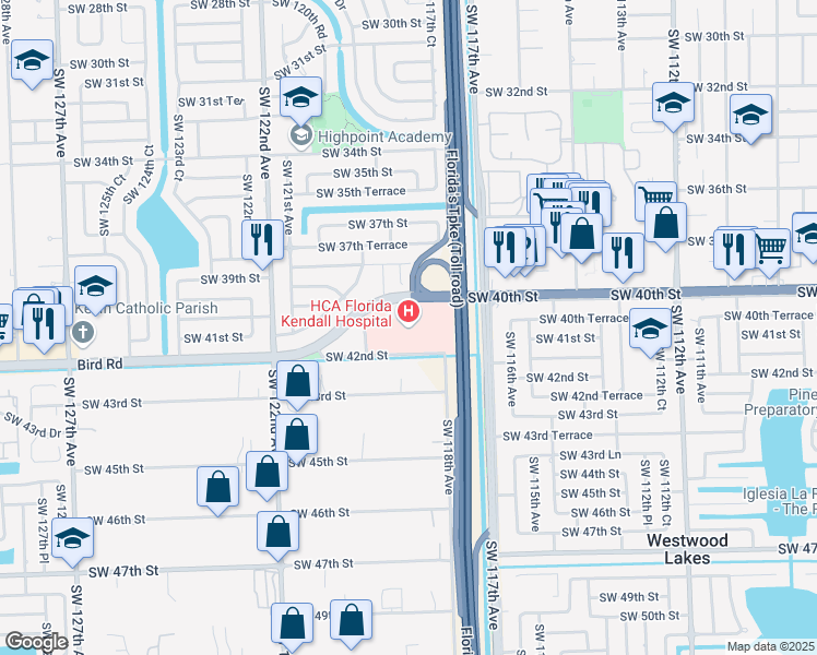 map of restaurants, bars, coffee shops, grocery stores, and more near 11750 Southwest 40th Street in Miami