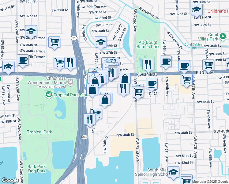 map of restaurants, bars, coffee shops, grocery stores, and more near 4213 Southwest 74th Avenue in Miami