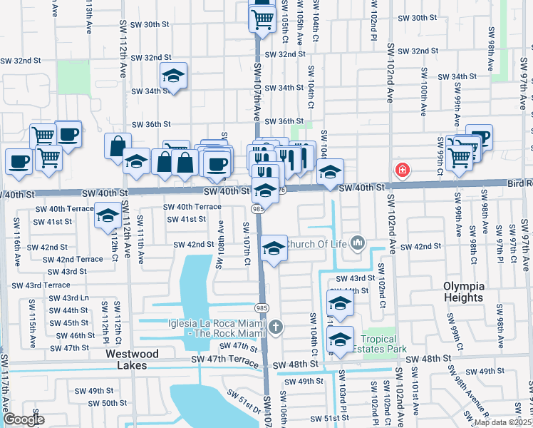 map of restaurants, bars, coffee shops, grocery stores, and more near 4101 Southwest 107th Avenue in Miami