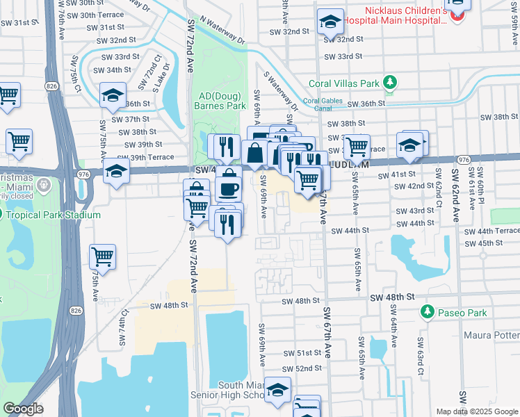 map of restaurants, bars, coffee shops, grocery stores, and more near 4150 Southwest 69th Avenue in Miami