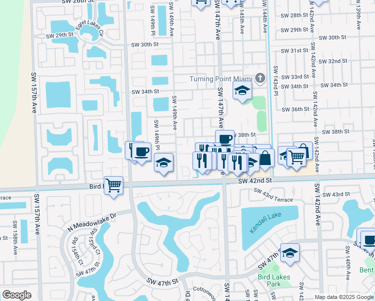map of restaurants, bars, coffee shops, grocery stores, and more near 14837 Southwest 39th Terrace in Miami