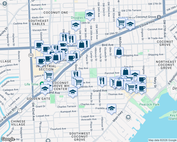 map of restaurants, bars, coffee shops, grocery stores, and more near 3210 Plaza Street in Miami
