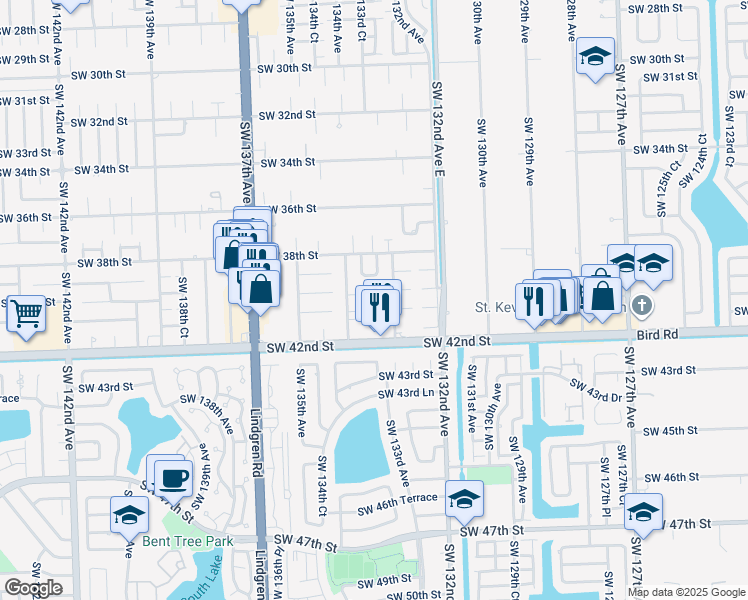 map of restaurants, bars, coffee shops, grocery stores, and more near 3988 Southwest 133rd Road Court in Miami