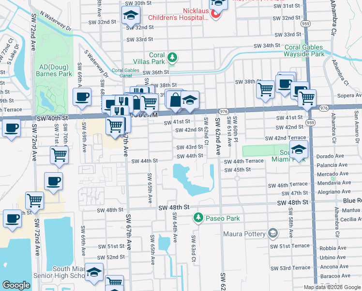 map of restaurants, bars, coffee shops, grocery stores, and more near 6367 Southwest 43rd Street in Miami