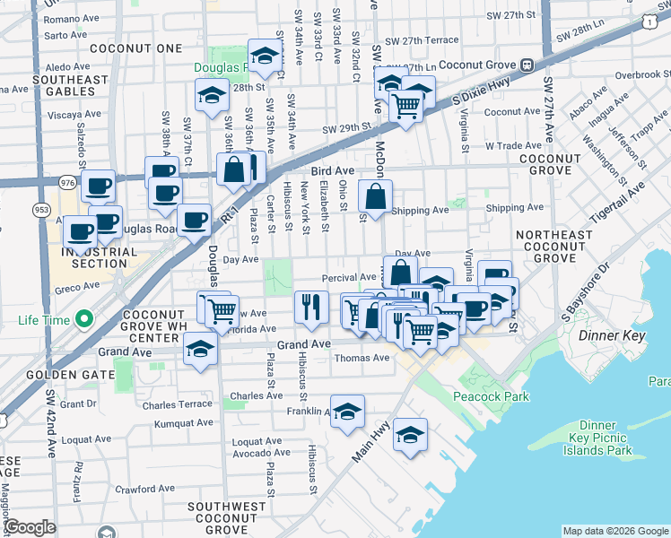 map of restaurants, bars, coffee shops, grocery stores, and more near 3210 Elizabeth Street in Miami