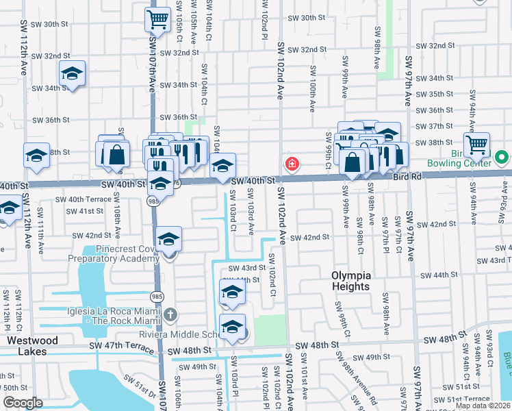 map of restaurants, bars, coffee shops, grocery stores, and more near 4052 Southwest 102nd Court in Miami