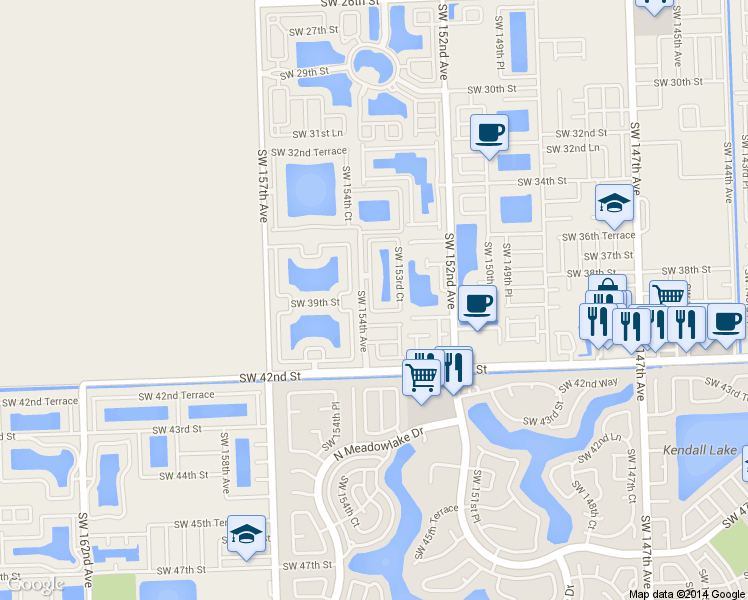 map of restaurants, bars, coffee shops, grocery stores, and more near 3872 Southwest 153rd Place in Miami