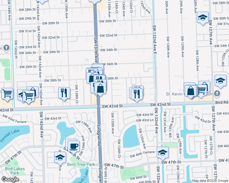 map of restaurants, bars, coffee shops, grocery stores, and more near 13580 Southwest 39th Lane in Miami