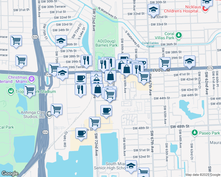 map of restaurants, bars, coffee shops, grocery stores, and more near 4235 Southwest 71st Avenue in Miami