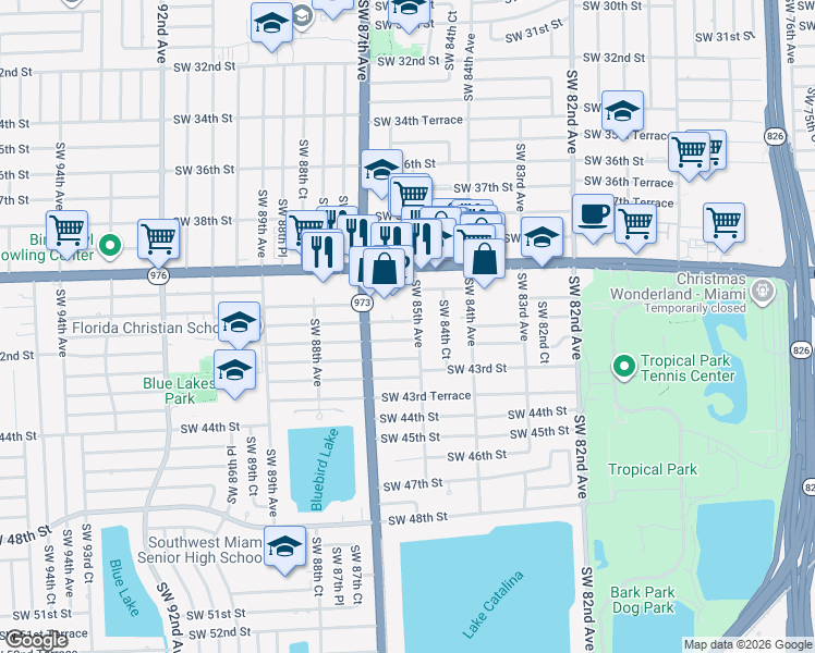 map of restaurants, bars, coffee shops, grocery stores, and more near 8520 Southwest 41st Terrace in Miami
