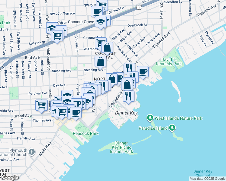 map of restaurants, bars, coffee shops, grocery stores, and more near 2665 South Bayshore Drive in Miami