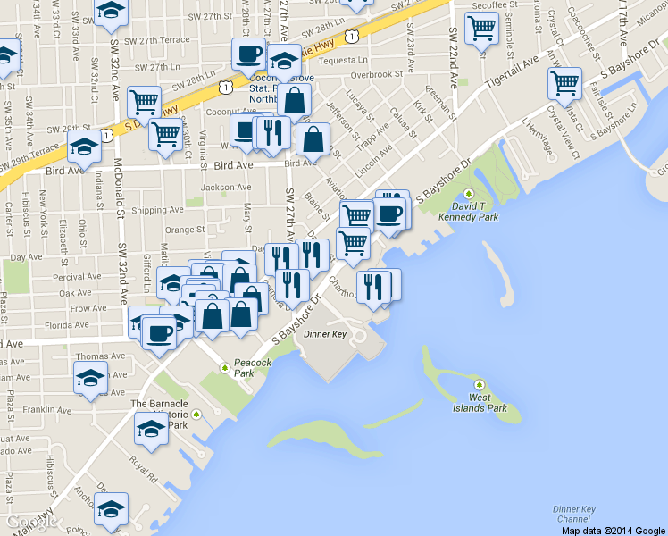 map of restaurants, bars, coffee shops, grocery stores, and more near in Miami