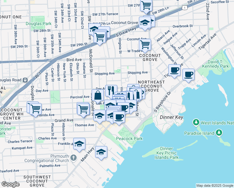 map of restaurants, bars, coffee shops, grocery stores, and more near 3034 Day Avenue in Miami