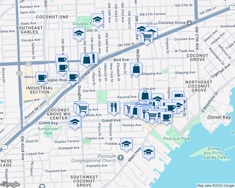 map of restaurants, bars, coffee shops, grocery stores, and more near 3210 Elizabeth Street in Miami