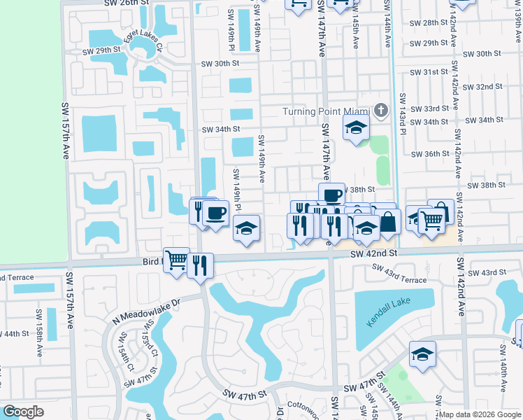 map of restaurants, bars, coffee shops, grocery stores, and more near 14909 Southwest 39th Street in Miami