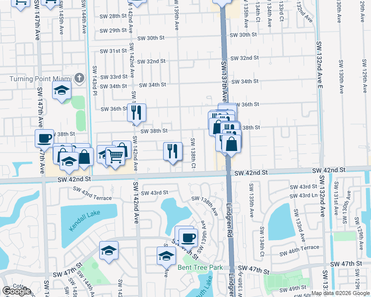 map of restaurants, bars, coffee shops, grocery stores, and more near 13870 Southwest 38th Lane in Miami