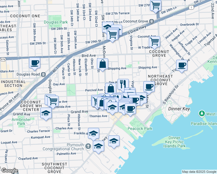 map of restaurants, bars, coffee shops, grocery stores, and more near 3231 McDonald Street in Miami