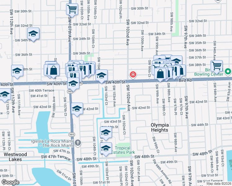 map of restaurants, bars, coffee shops, grocery stores, and more near 4052 Southwest 102nd Court in Miami