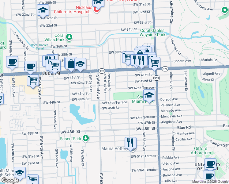 map of restaurants, bars, coffee shops, grocery stores, and more near 4280 Southwest 60th Court in Miami