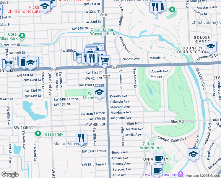 map of restaurants, bars, coffee shops, grocery stores, and more near 1537 Sarria Avenue in Coral Gables