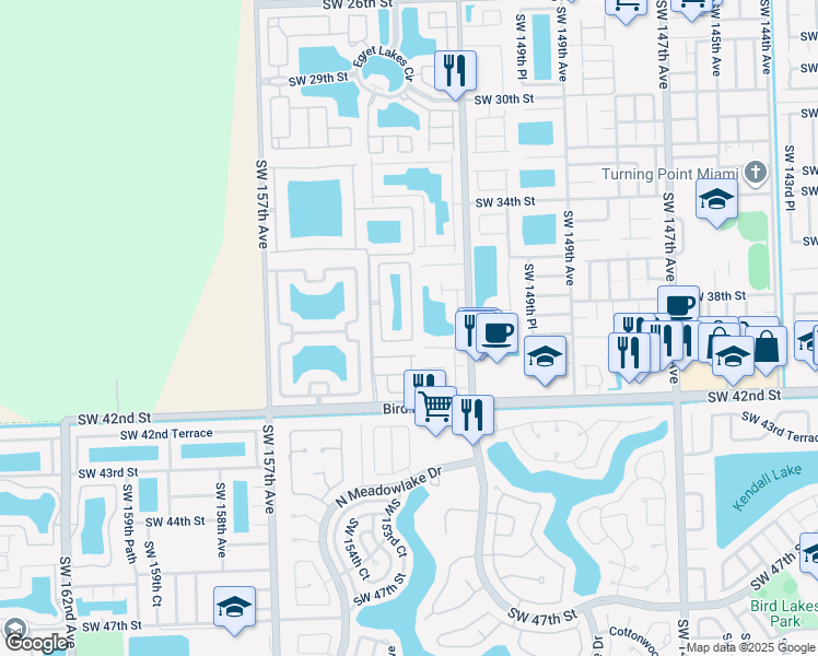 map of restaurants, bars, coffee shops, grocery stores, and more near 3855 Southwest 153rd Court in Miami