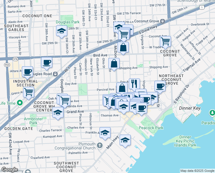 map of restaurants, bars, coffee shops, grocery stores, and more near 3220 Margaret Street in Miami