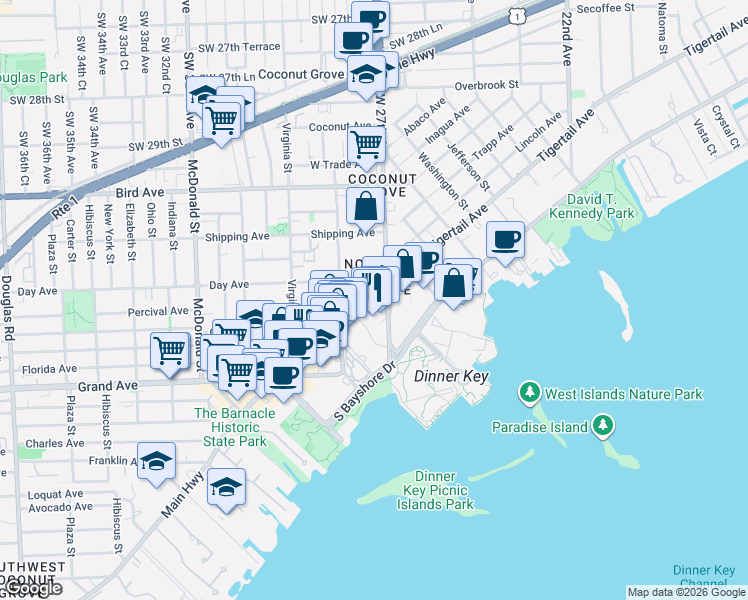 map of restaurants, bars, coffee shops, grocery stores, and more near in Miami-Dade County