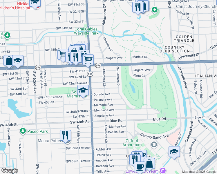map of restaurants, bars, coffee shops, grocery stores, and more near 1417 Sarria Avenue in Coral Gables