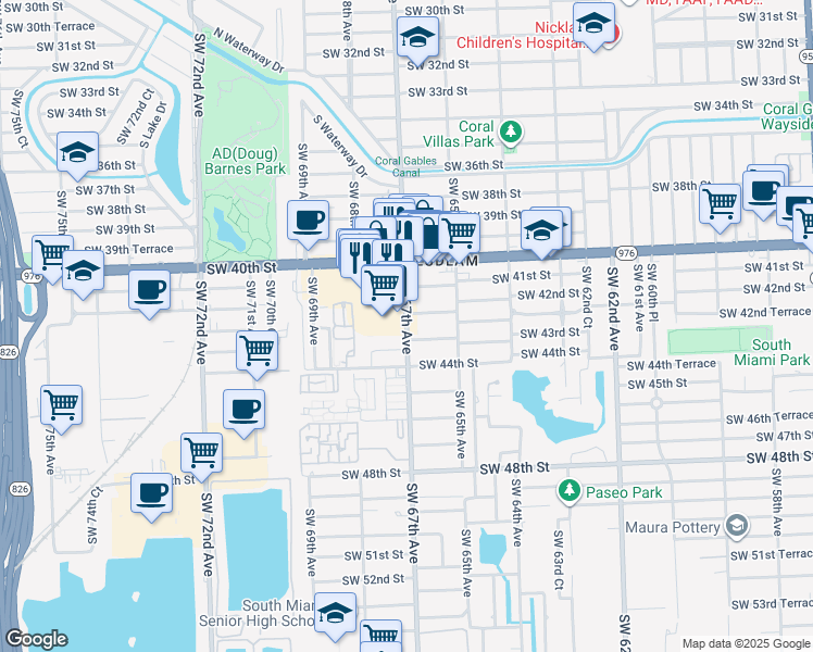 map of restaurants, bars, coffee shops, grocery stores, and more near 6631 Southwest 43rd Street in Miami