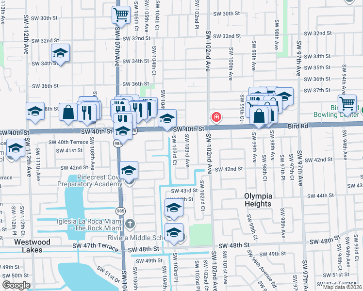 map of restaurants, bars, coffee shops, grocery stores, and more near 10335 Southwest 41st Street in Miami