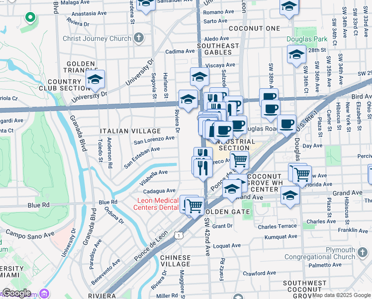 map of restaurants, bars, coffee shops, grocery stores, and more near 400 Bird Road in Coral Gables