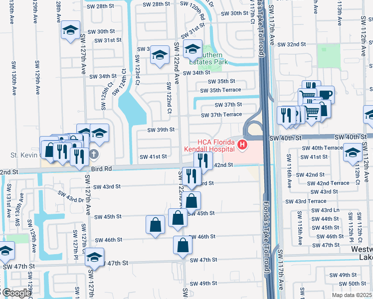 map of restaurants, bars, coffee shops, grocery stores, and more near 4050 Southwest 121st Avenue in Miami