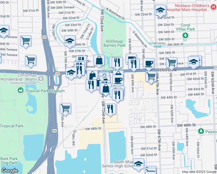 map of restaurants, bars, coffee shops, grocery stores, and more near 7151 Southwest 42nd Terrace in Miami