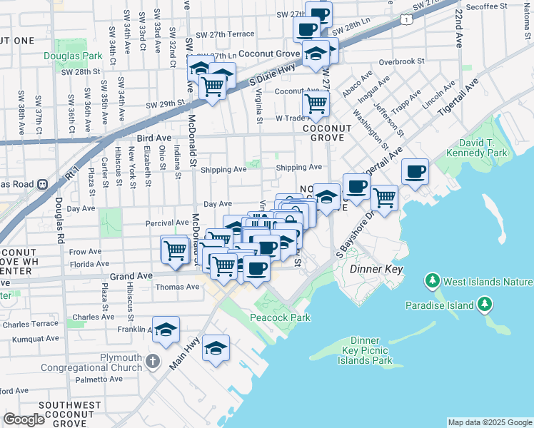map of restaurants, bars, coffee shops, grocery stores, and more near 3229 Virginia Street in Miami