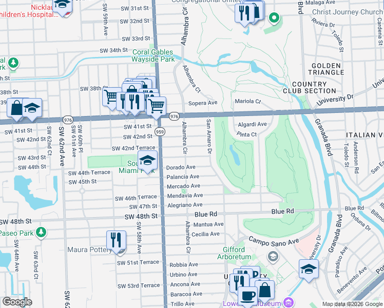 map of restaurants, bars, coffee shops, grocery stores, and more near 1417 Sarria Avenue in Coral Gables