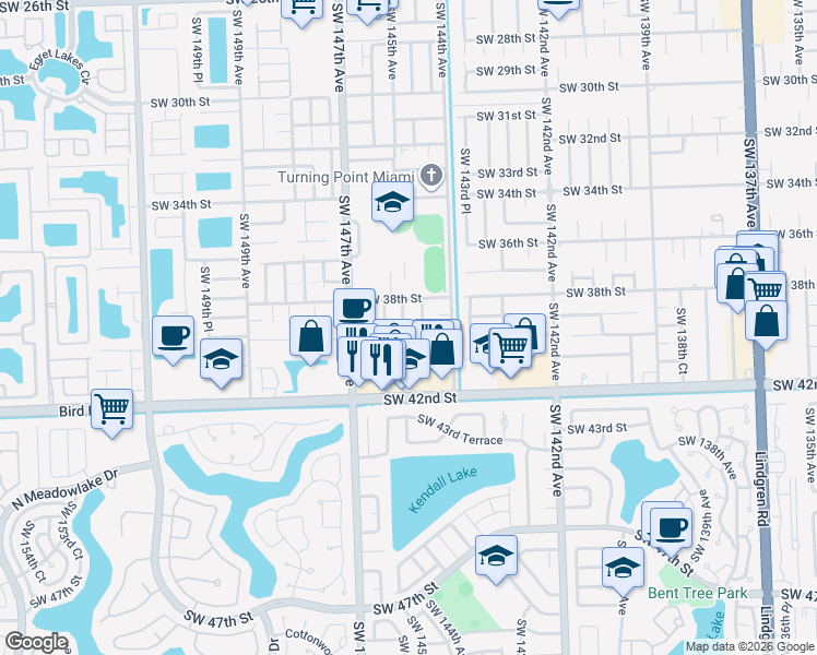 map of restaurants, bars, coffee shops, grocery stores, and more near 3864 Southwest 145th Avenue in Miami