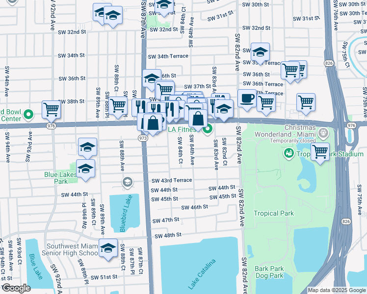 map of restaurants, bars, coffee shops, grocery stores, and more near 4145 Southwest 84th Court in Miami