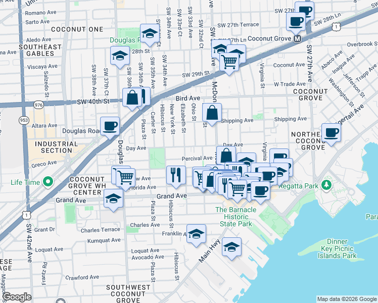 map of restaurants, bars, coffee shops, grocery stores, and more near 3210 Elizabeth Street in Miami