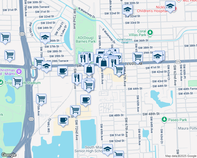 map of restaurants, bars, coffee shops, grocery stores, and more near 4150 Southwest 69th Avenue in Miami
