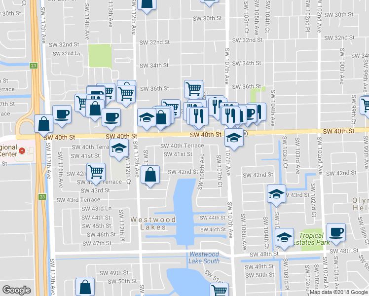 map of restaurants, bars, coffee shops, grocery stores, and more near 10855 Southwest 41st Street in Miami