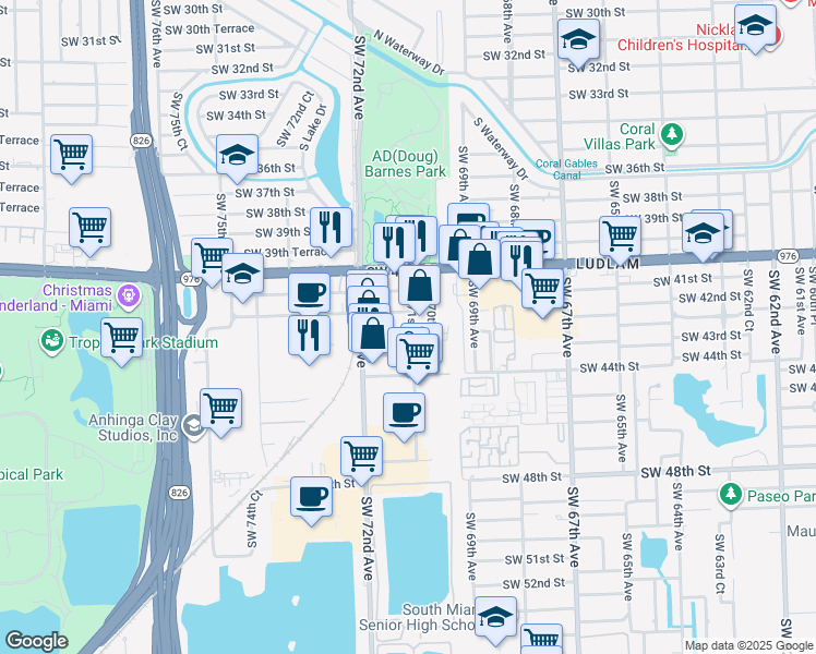 map of restaurants, bars, coffee shops, grocery stores, and more near 4235 Southwest 71st Avenue in Miami
