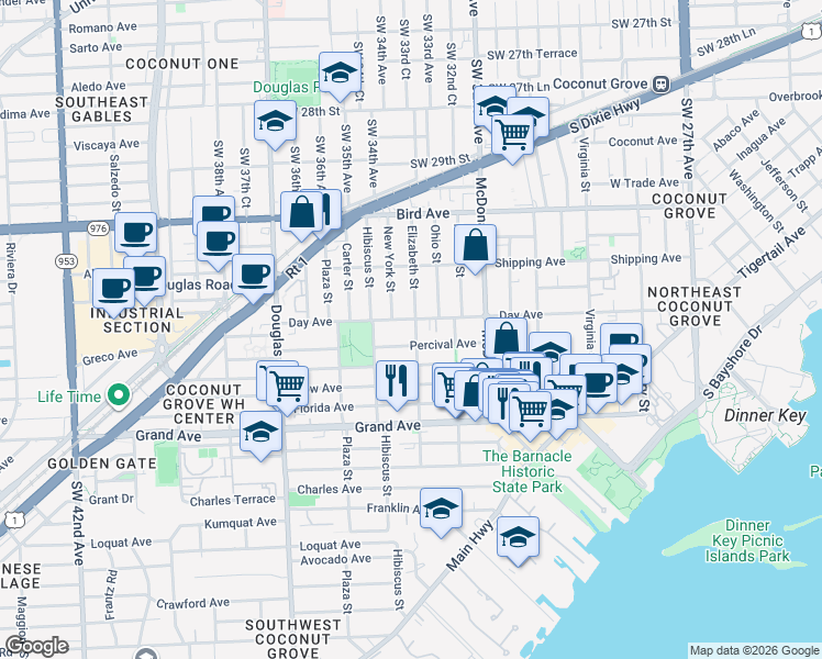 map of restaurants, bars, coffee shops, grocery stores, and more near 3210 Elizabeth Street in Miami