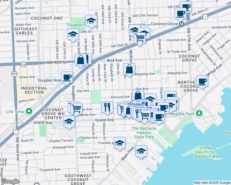 map of restaurants, bars, coffee shops, grocery stores, and more near 3210 Elizabeth Street in Miami