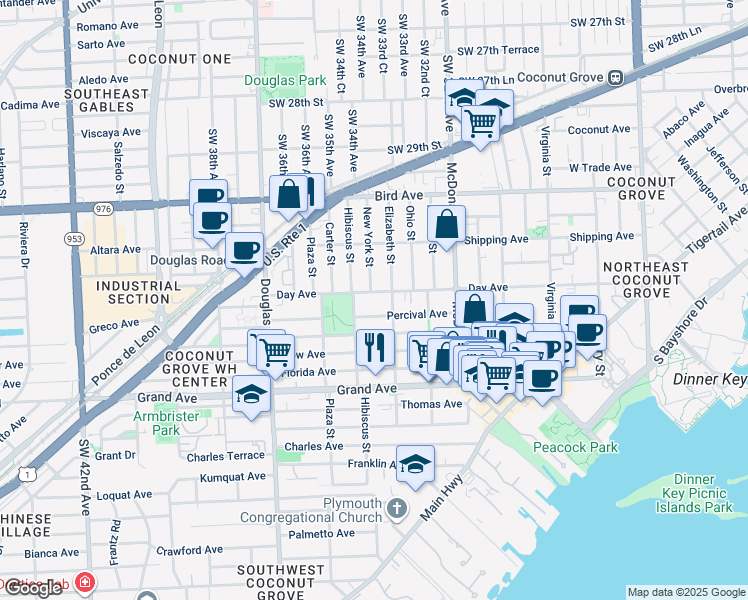 map of restaurants, bars, coffee shops, grocery stores, and more near 3210 Elizabeth Street in Miami