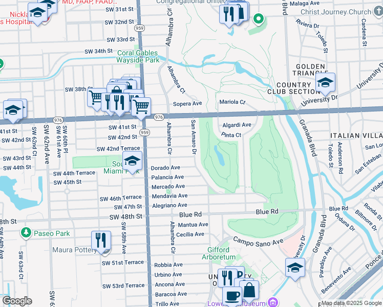map of restaurants, bars, coffee shops, grocery stores, and more near 4310 San Amaro Drive in Coral Gables