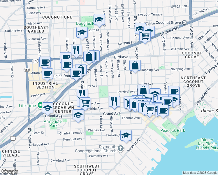 map of restaurants, bars, coffee shops, grocery stores, and more near 3478 Day Avenue in Miami